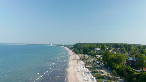 Drone-Volando-Hacia-Adelante-Sobre-La-Hermosa-Costa-De-La-Playa-En-El-Mar-Báltico-Scharbeutz,-Alemania,-Día