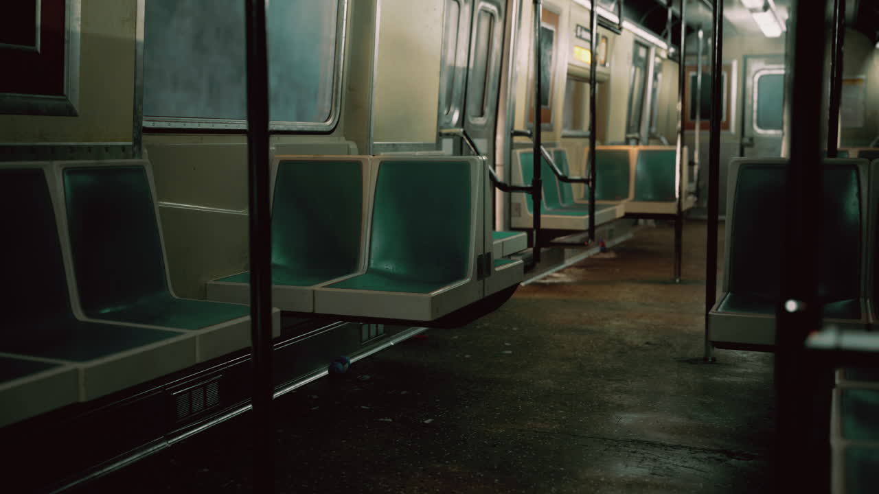 Empty subway train interior during night hours with dim lighting