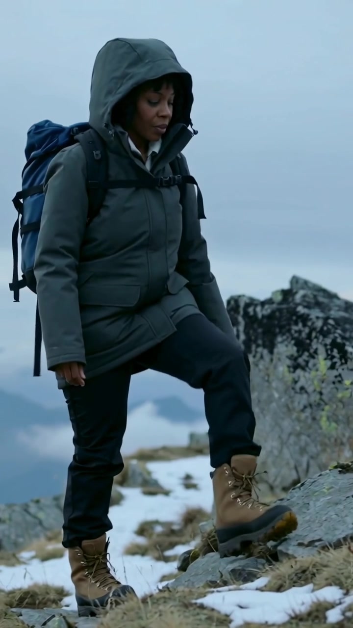 Vertical video: Hiking woman following trail in parka with blue pack navigating ridge toward peak