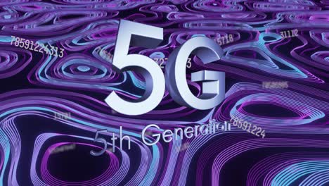 animación de texto de 5g 5a generación sobre líneas azules y púrpuras brillantes