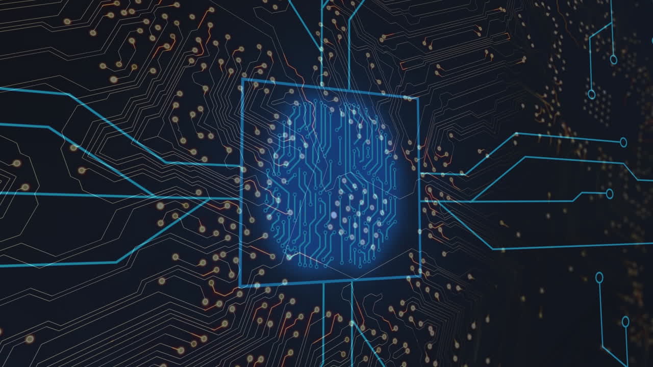 animación de un cerebro digital sobre una placa de circuito de computadora sobre un fondo negro