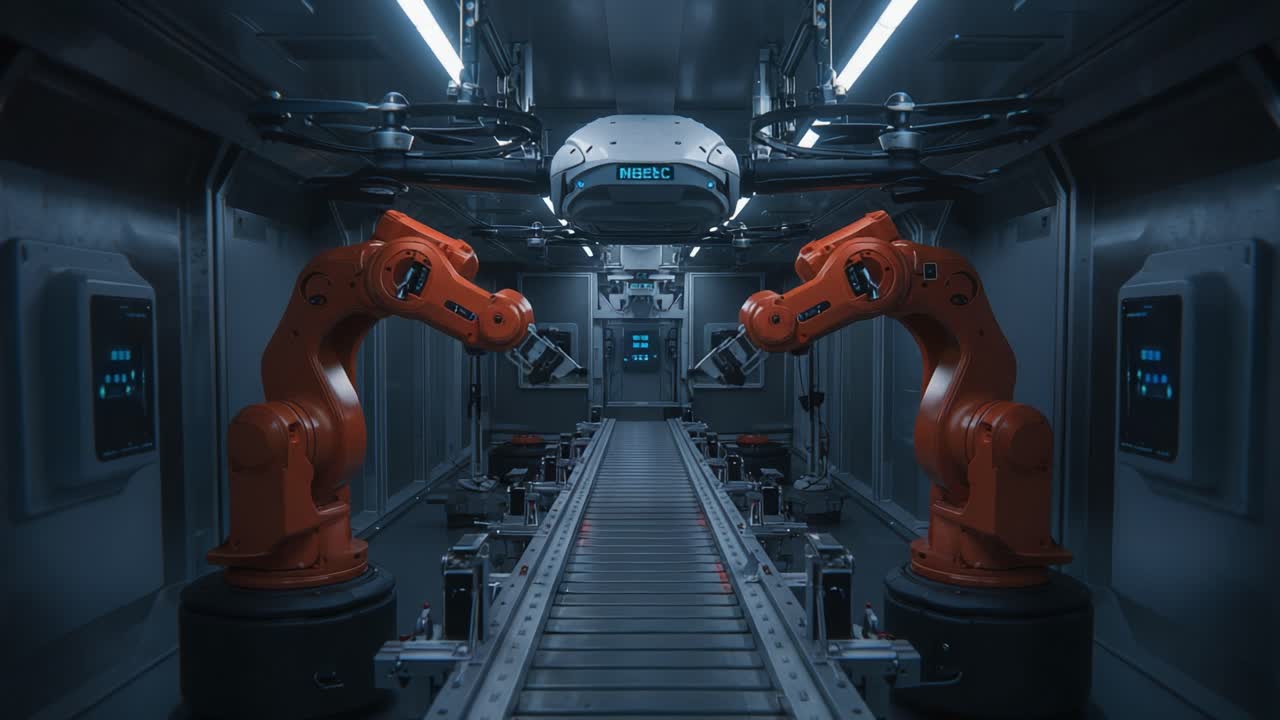 Futuristic Industrial Environment Showcasing Advanced Robotic Arms in a High-Tech Assembly Line, Featuring Precision Engineering and Cutting-Edge Technology