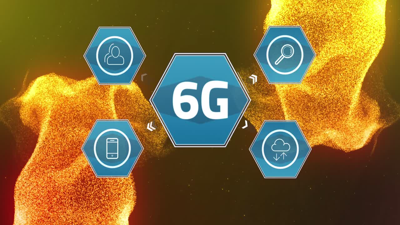 animación de texto y iconos de medios de 6g sobre partículas amarillas brillantes