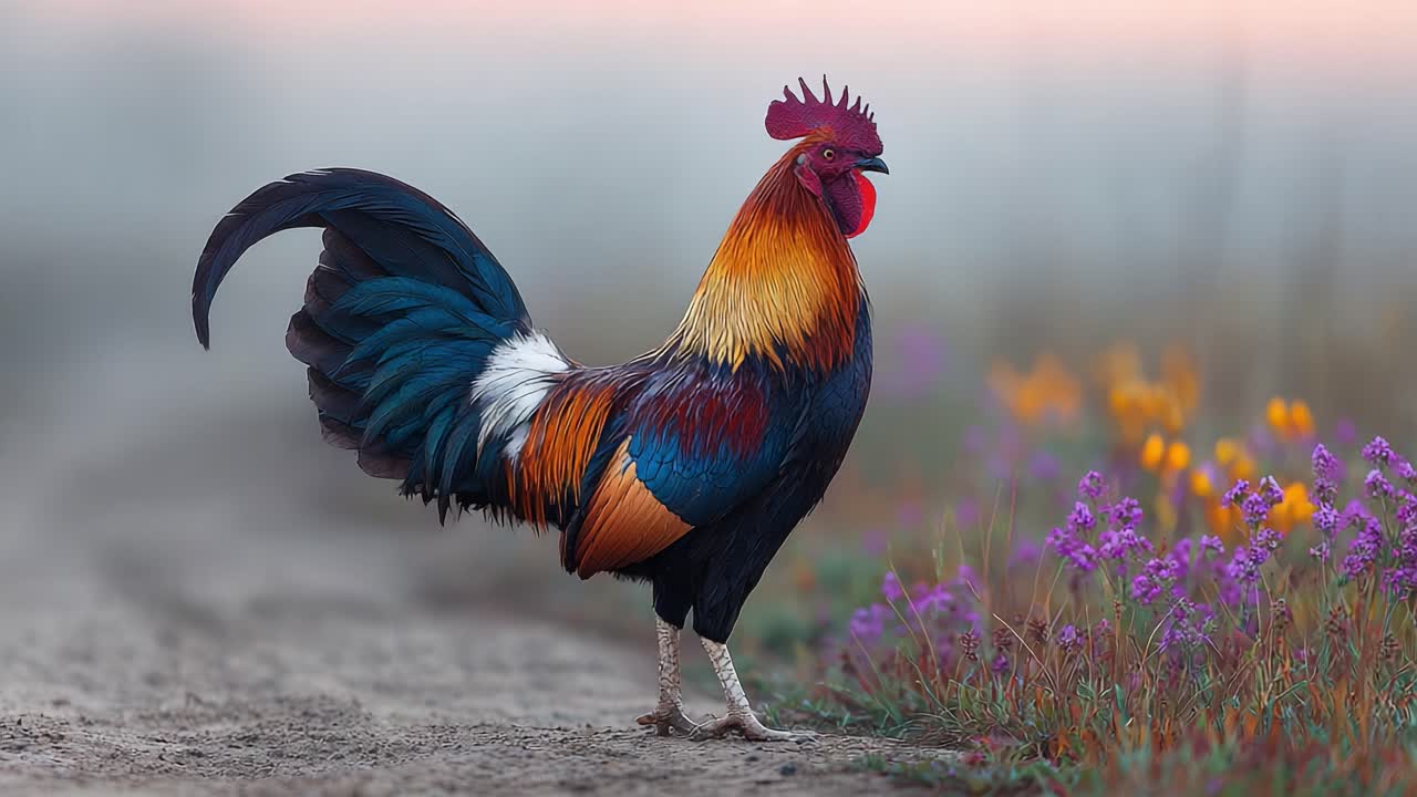 Un gallo vivace si pavoneggia tra i fiori all'alba, mettendo in mostra le sue splendide piume e i suoi colori accattivanti in un ambiente naturale sereno.