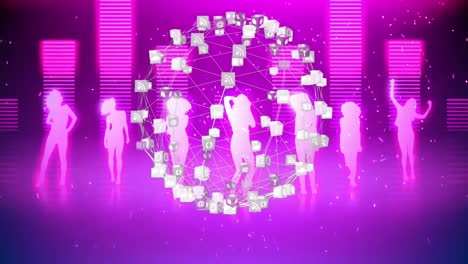 animation of globe with digital icons over people dancing and music graphic equalizer