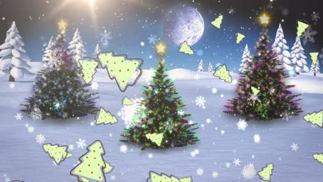 copos de nieve e iconos de árboles de navidad cayendo contra tres árboles de navidad en el paisaje de invierno