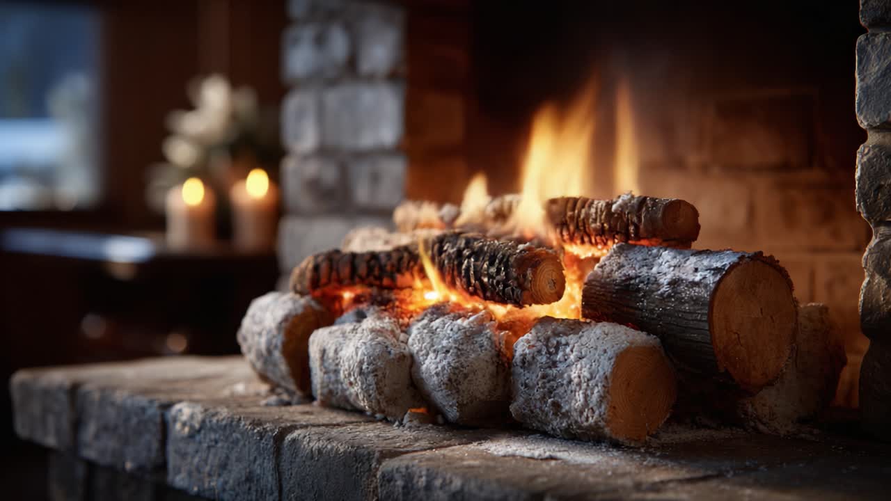 A Cozy Hearth: Glowing Logs and Flickering Flames in a Rustic Fireplace, Creating a Warm Atmosphere Perfect for Relaxation and Reflection