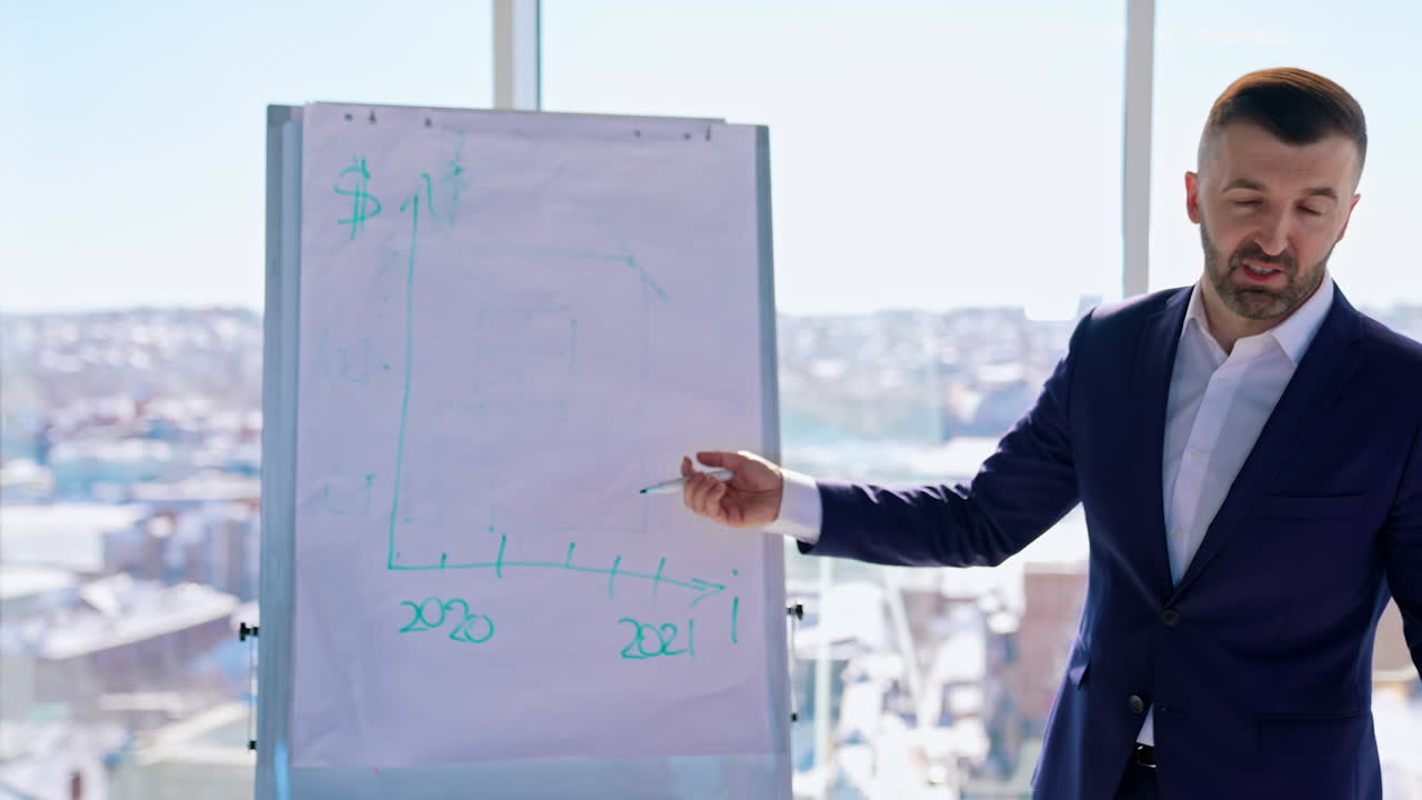 Businessman writing on a board with marker. Entrepreneur in suit talking about financial problems and drawing graphs on a board in office near large window.