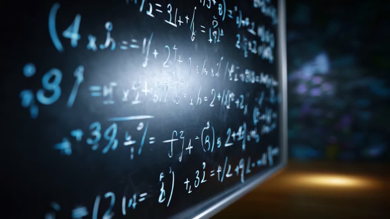 Intricate Mathematical Equations on a Black Chalkboard, Illuminated by Soft Lighting, Revealing Complex Calculations and Formulas for Enthusiasts and Scholars