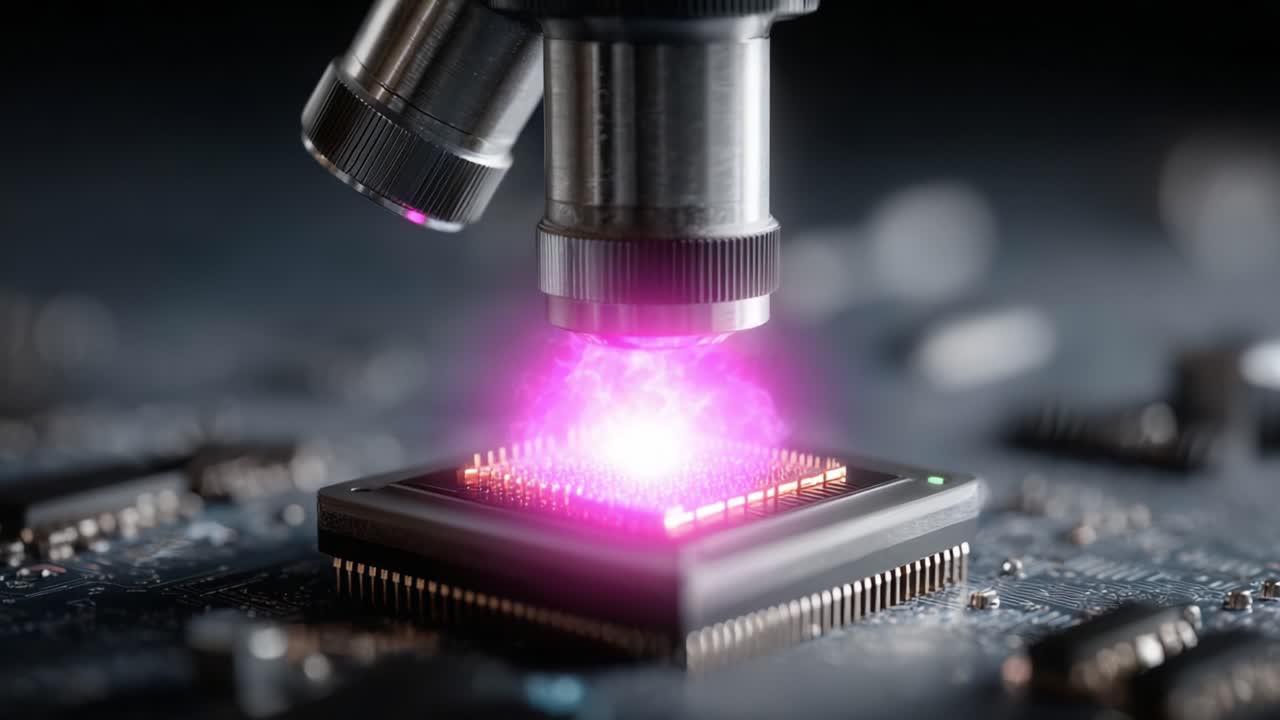 A Visual Exploration of Microchip Technology: Microscopy Reveals Electrical Activity with Glowing Effects in a Detailed Circuit Board Setting