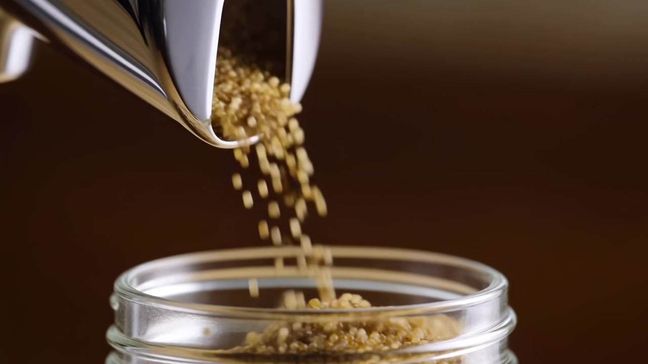 Low frontal close-up shows toasted sesame seeds streaming from polished metal spoon into clear glass jar mouth, with soft warm studio light, shallow focus, and tactile kitchen detail
