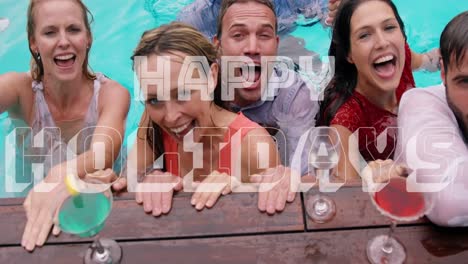 animation of happy holidays text over happy caucasian friends in pool