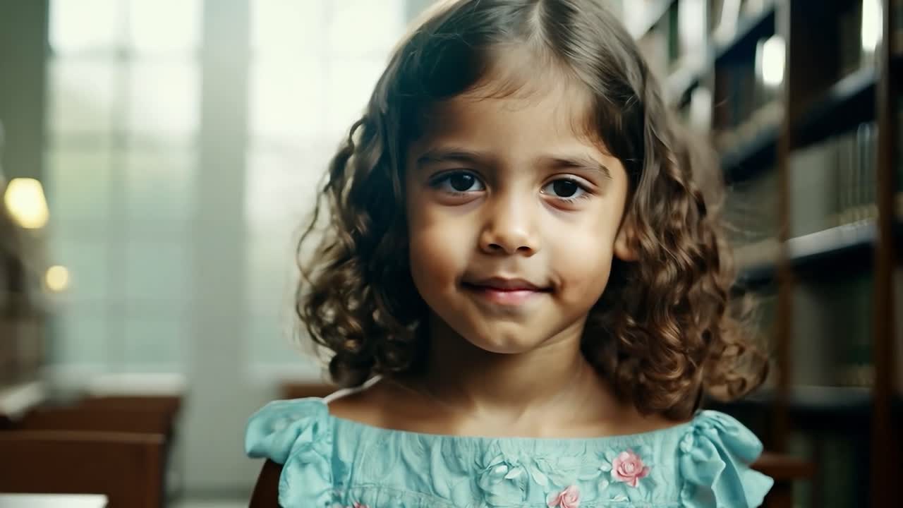 una joven sonríe mientras está de pie en una biblioteca