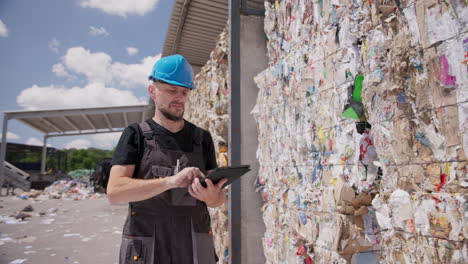 male caucasian worker counting stacked waste paper bales