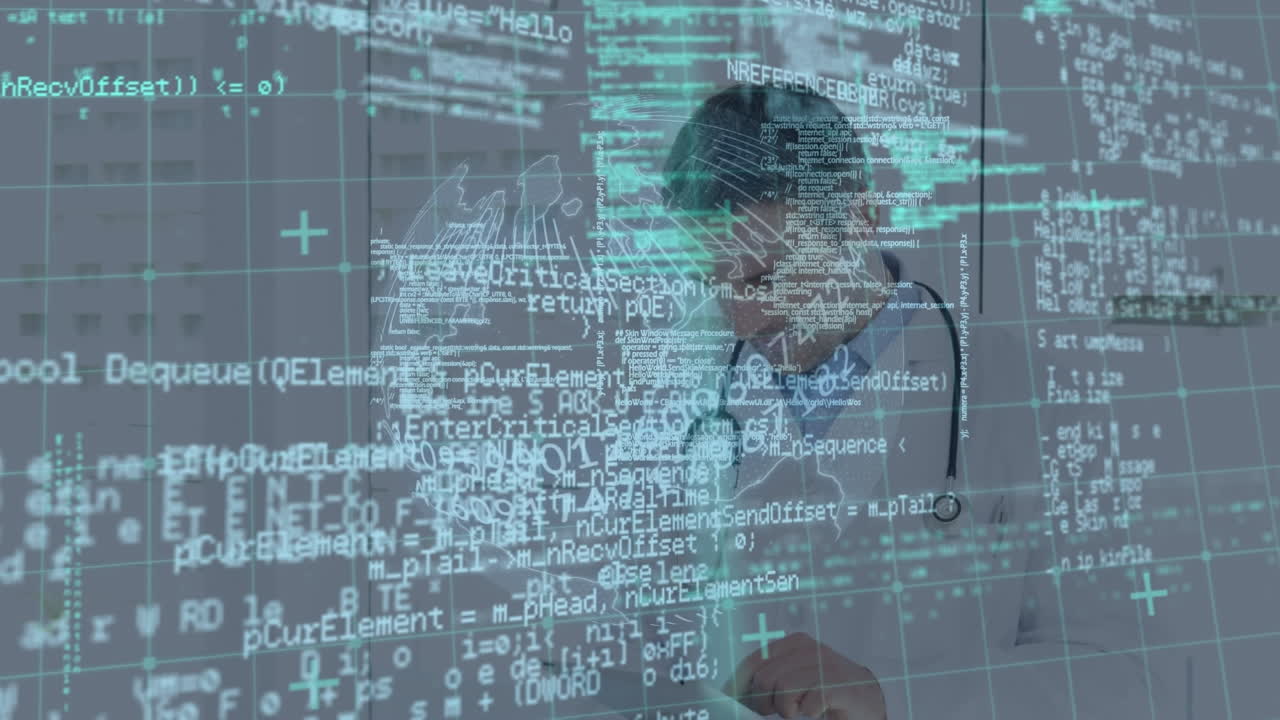 Animation of data processing over caucasian male doctor with tablet