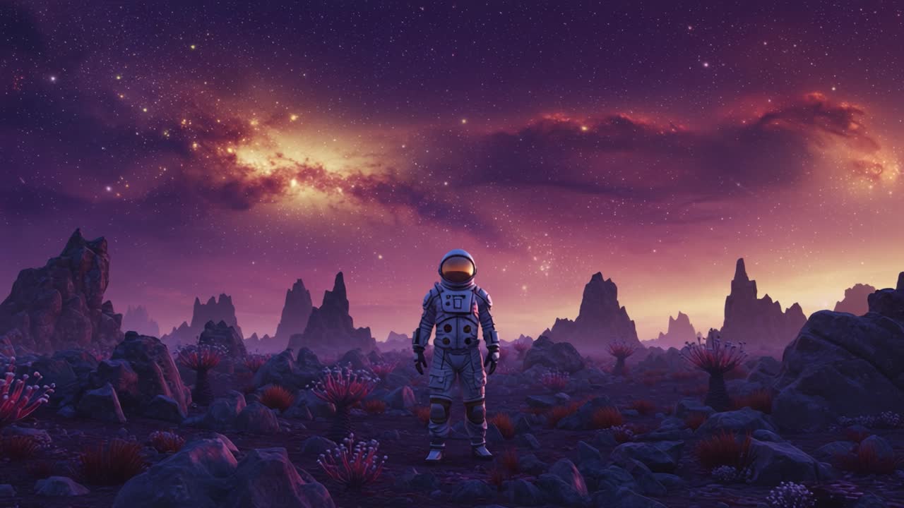 An Astronaut Stands in Awe Amidst a Stunning Alien Landscape, Bathed in Galactic Colors and Surrounded by Majestic Rock Formations Under a Starry Sky