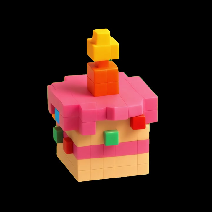 Colorful Pixelated Birthday Cake with Candle Rotating Seamlessly