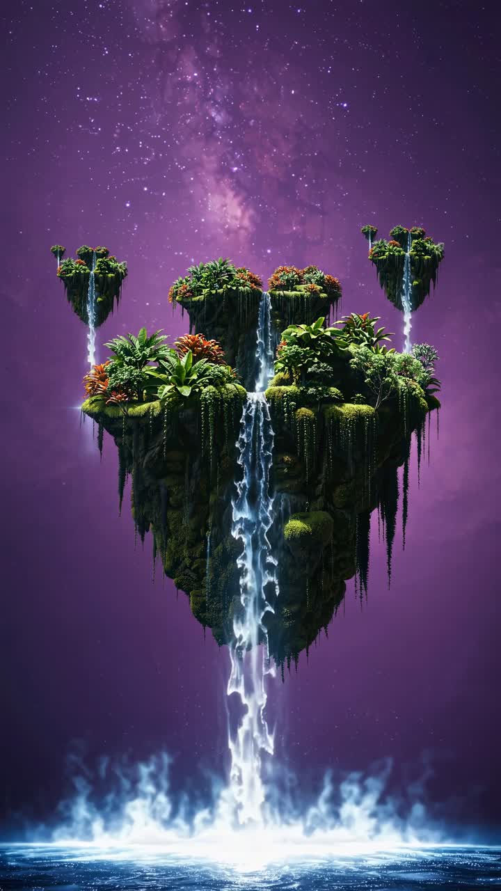 Surreal video concept of floating islands with lush greenery and waterfalls, viewed from a low angle