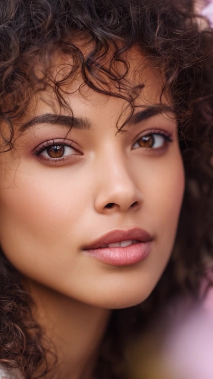Captivating Close-Up of a Young Woman with Beautiful Curly Hair and Striking Features, Showcasing a Natural Look and Soft Makeup in a Vibrant Setting