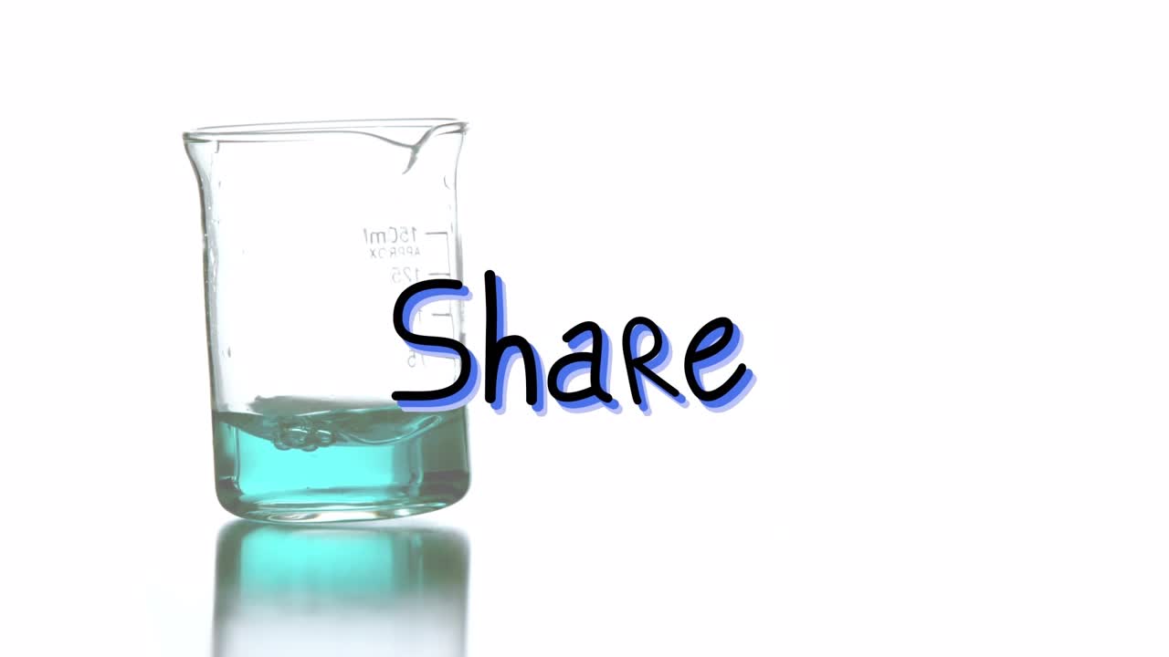 Animation of share text over beaker with liquid on white background