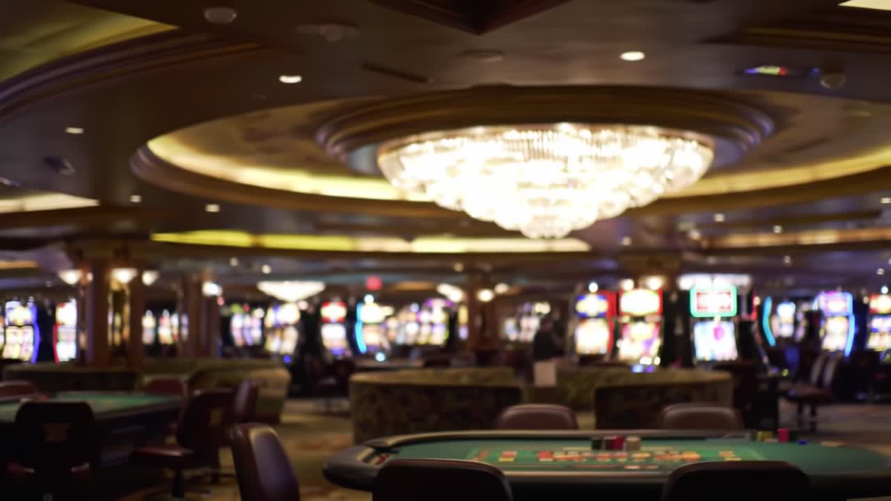 Elegant Casino Interior with Sparkling Chandeliers and Vibrant Slot Machines: A Captivating Atmosphere for Gamblers and Enthusiasts Alike