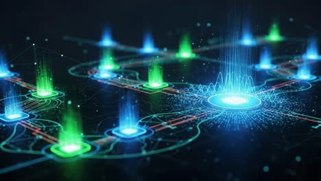 futuristic digital network visualization: a stunning representation of nodes and connections with dynamic light effects and vibrant colors symbolizing data flow