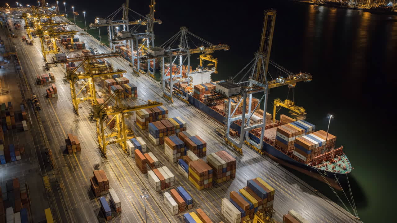 Container ship at a port terminal at night
