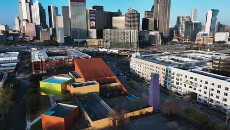 a colorful building with a scenic downtown, shot on dji mavic 3