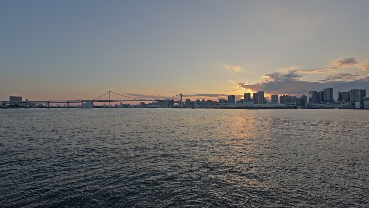 Wide-angle shot of the illuminated Rainbow Bridge and the Tokyo skyline against a calm, blue twilight sky