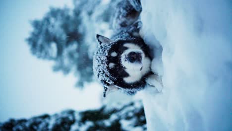 Ein-Alaskan-Malamute-Draußen,-Mit-Schneefall-Umhüllt-In-Indre-Fosen,-Kreis-Tröndelag,-Norwegen-–-Vertikale-Aufnahme