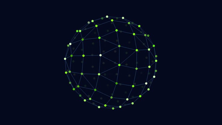 Interconnected dots create striking 3d sphere on black background