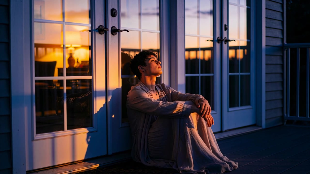 En sittande asiatisk kvinna i lång klänning på en veranda, lutar huvudet medan solen sänker sig, med franska dörrar.