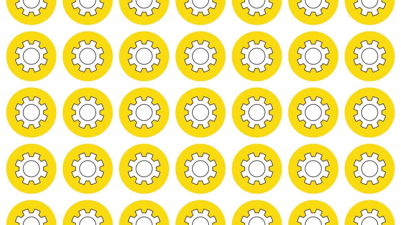 Gearwheel icon in yellow circle with black dynamic line pattern on a white background. Seamless loop dynamic pattern with regular symbols rotating around