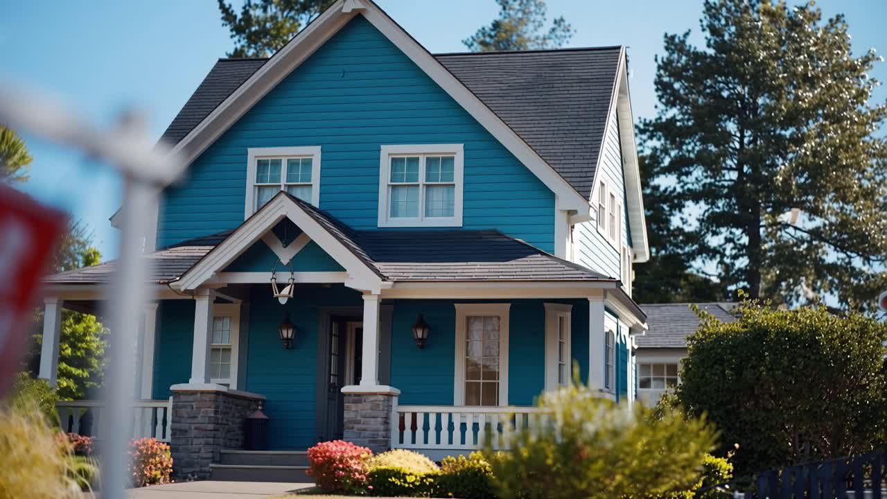 Sjarmerende blått hus med et til salgs-skilt, som viser fremragende ytre appell og en innbydende atmosfære, perfekt for potensielle kjøpere på jakt etter et nytt hjem
