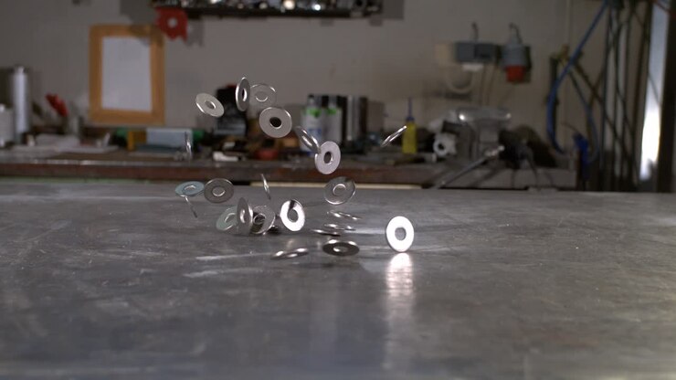 M10 washers falling in super slow motion on a metal surface in a metal shop