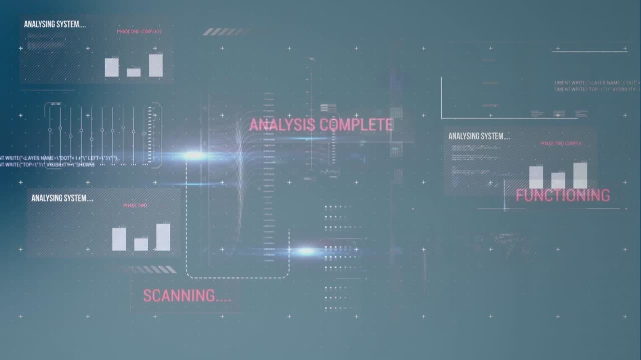 Animation of map, graphs, loading bars and computer language against cracked wall in background