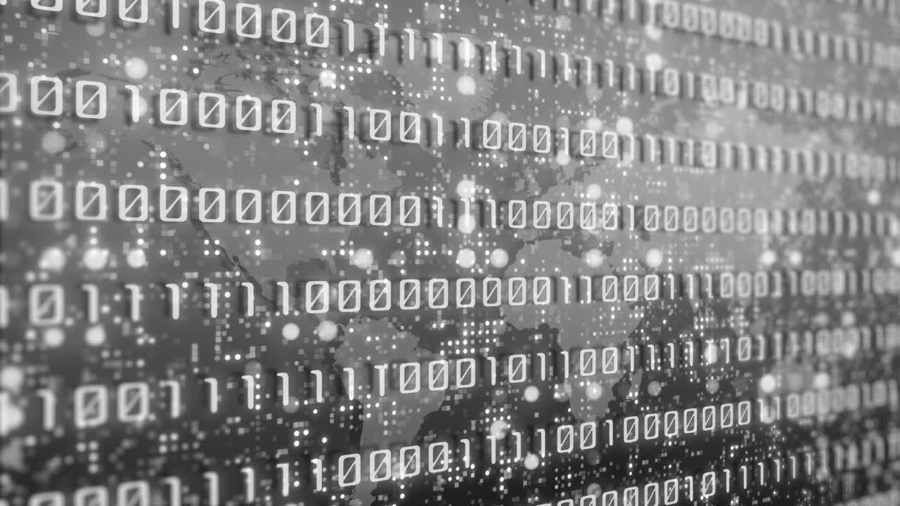 Abstract background with binary computer code. Screen with rapidly changing zeros and ones. Looped animation. Blinking blurred pixel dots.