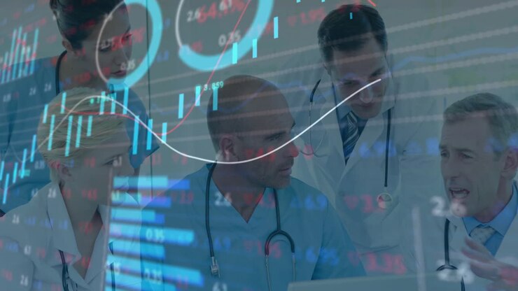 Discussing, group of medical professionals with financial data and stock market animation