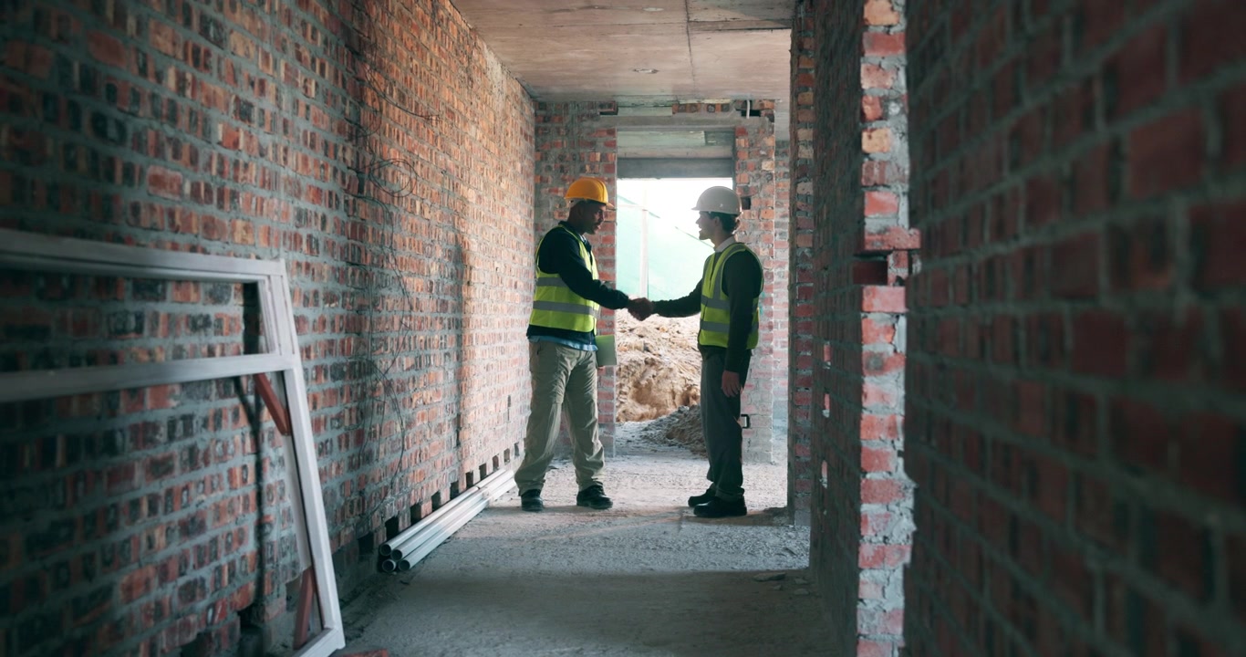 Two Construction Workers Shaking Hands at Building Site
