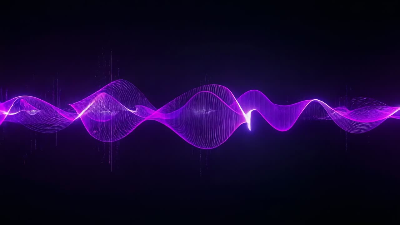 Displaying purple waveform pulsing in dark void, with vertical light streaks and particle effects