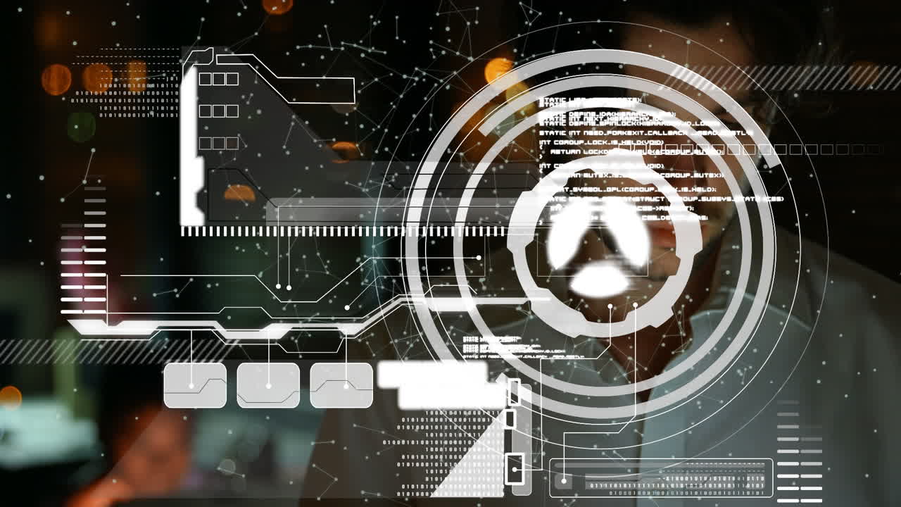 círculo giratorio, puntos que se conectan con líneas y lenguaje informático sobre hombre caucásico usando tableta