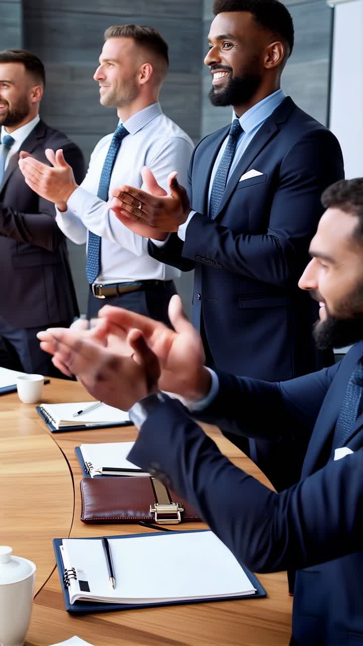 A group of men in suits are clapping at a table. Scene is celebratory and professional.