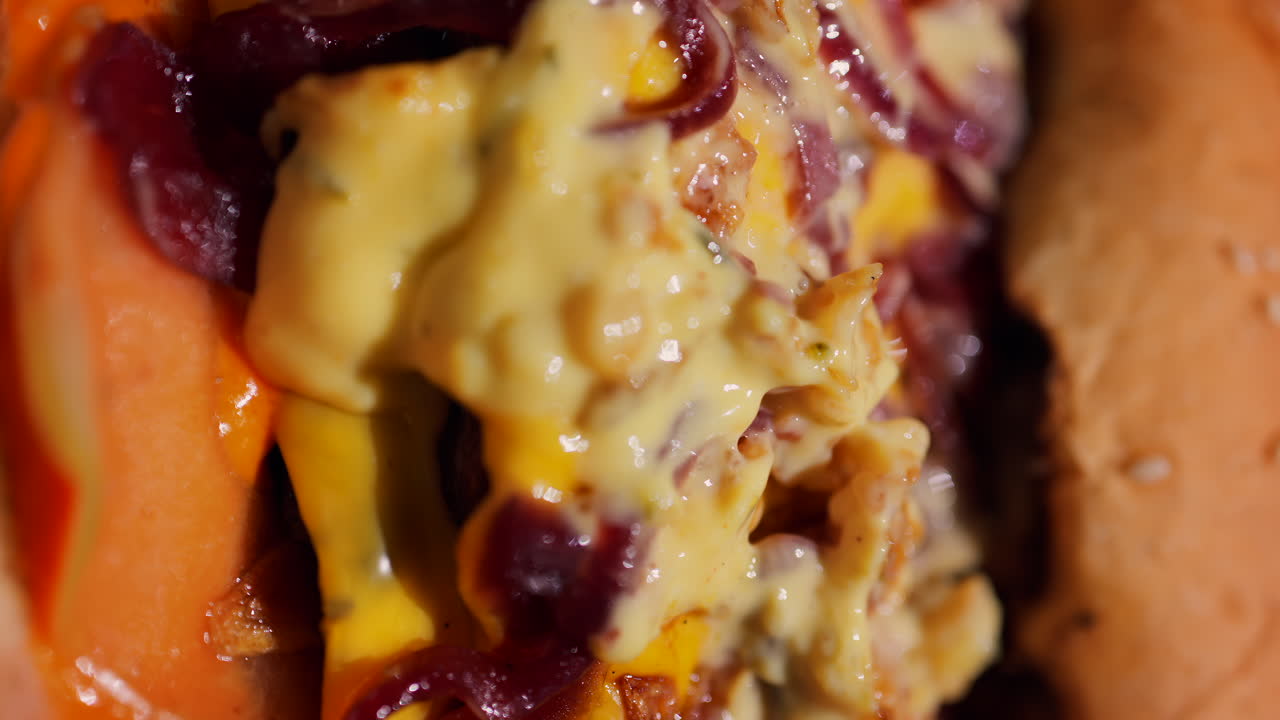 Close up of a loaded burger with melted cheese, caramelised onions, and a creamy sauce on a toasted bun. Vertical