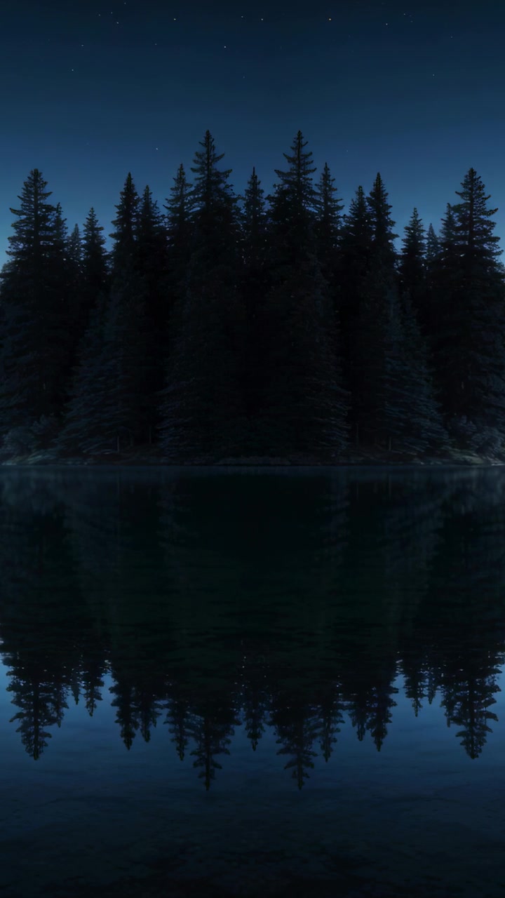 Vertical video: Capturing conifer treeline softening reflection at lake, cooling air forming mist