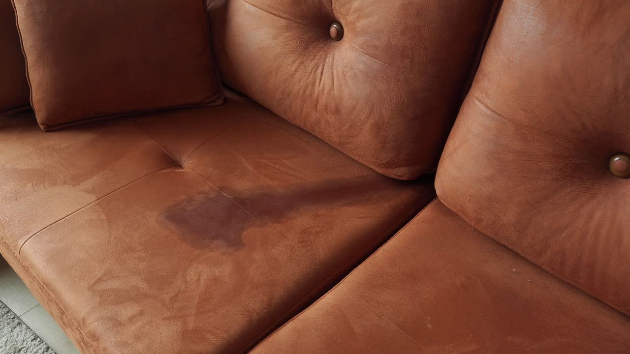 Brown Leather Sofa with Stain
