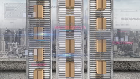 animation of statistics processing over cardboard boxes on conveyor belts