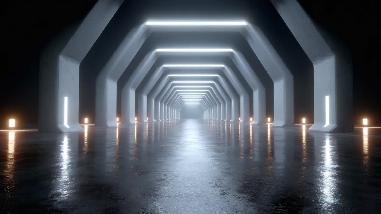 A Futuristic Passageway Illuminated by Neon Lights, Showcasing a Modern Design with Reflective Surfaces and Geometric Architecture in a Dark Environment