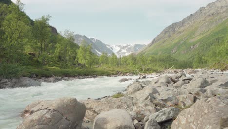 scenic view of river and mountains in lyngsdalen, norway - wide shot