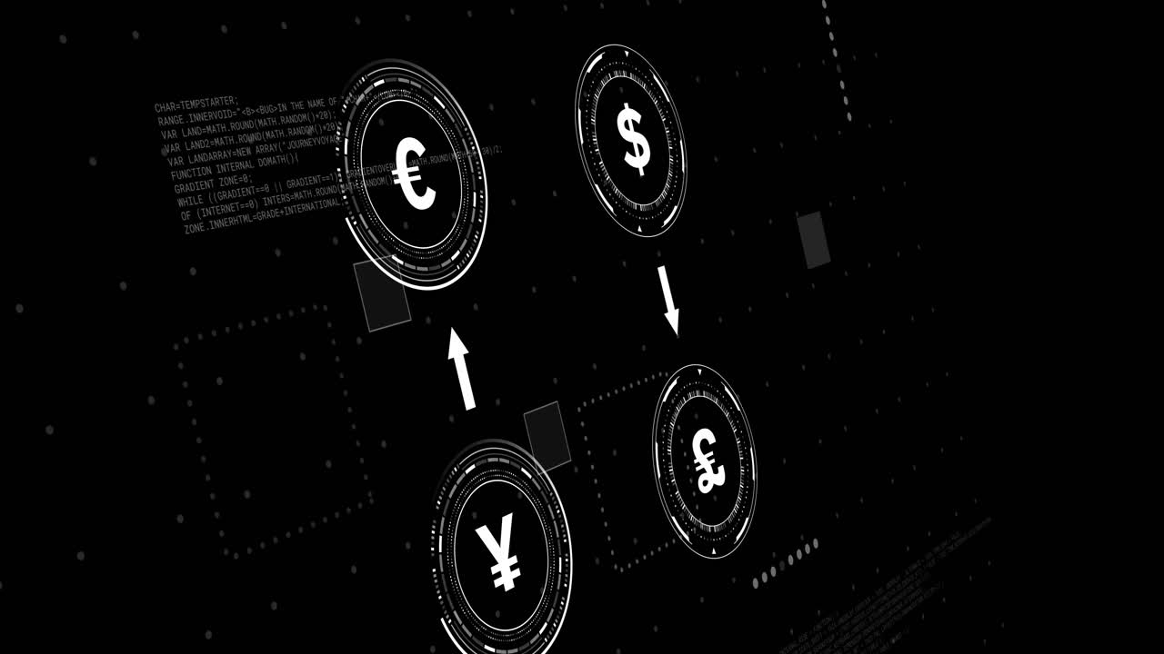검은색 배경 위에 데이터 처리와 함께 통화 아이콘의 애니메이션