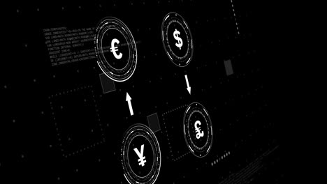 Animation-Von-Währungssymbolen-Mit-Datenverarbeitung-Auf-Schwarzem-Hintergrund